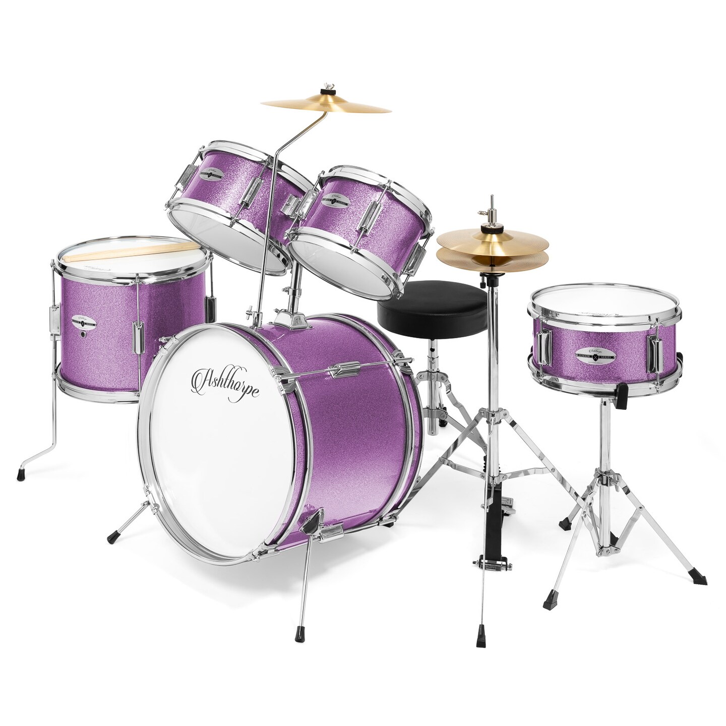 Ashthorpe 5-Piece Complete Junior Drum Set with Genuine Brass Cymbals - Advanced Beginner Kit with 16" Bass, Adjustable Throne, Cymbals, Hi-Hats, Pedals & Drumsticks