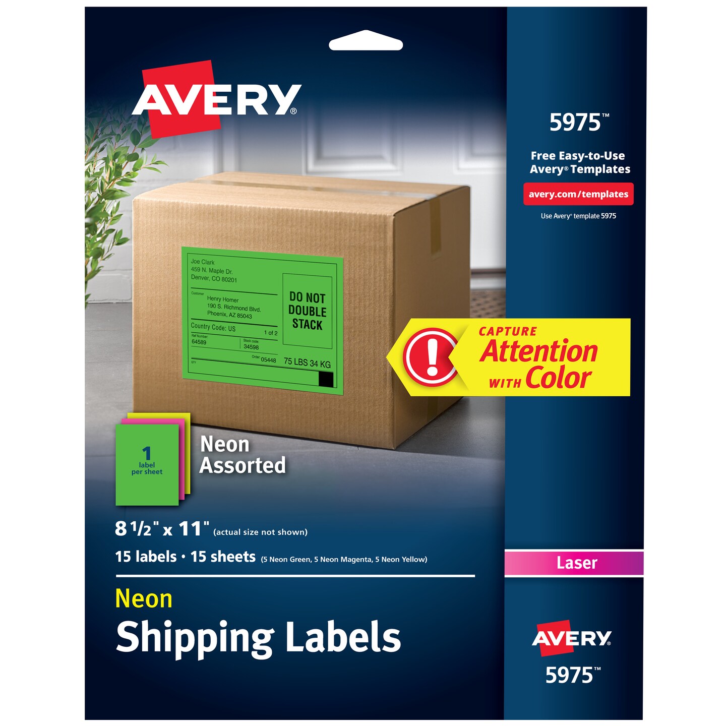 Avery Neon Shipping Labels for Laser Printers, Assorted: Green, Pink, Yellow Labels, 8-1/2&#x22; x 11&#x22;, 15 Neon Labels (5975)