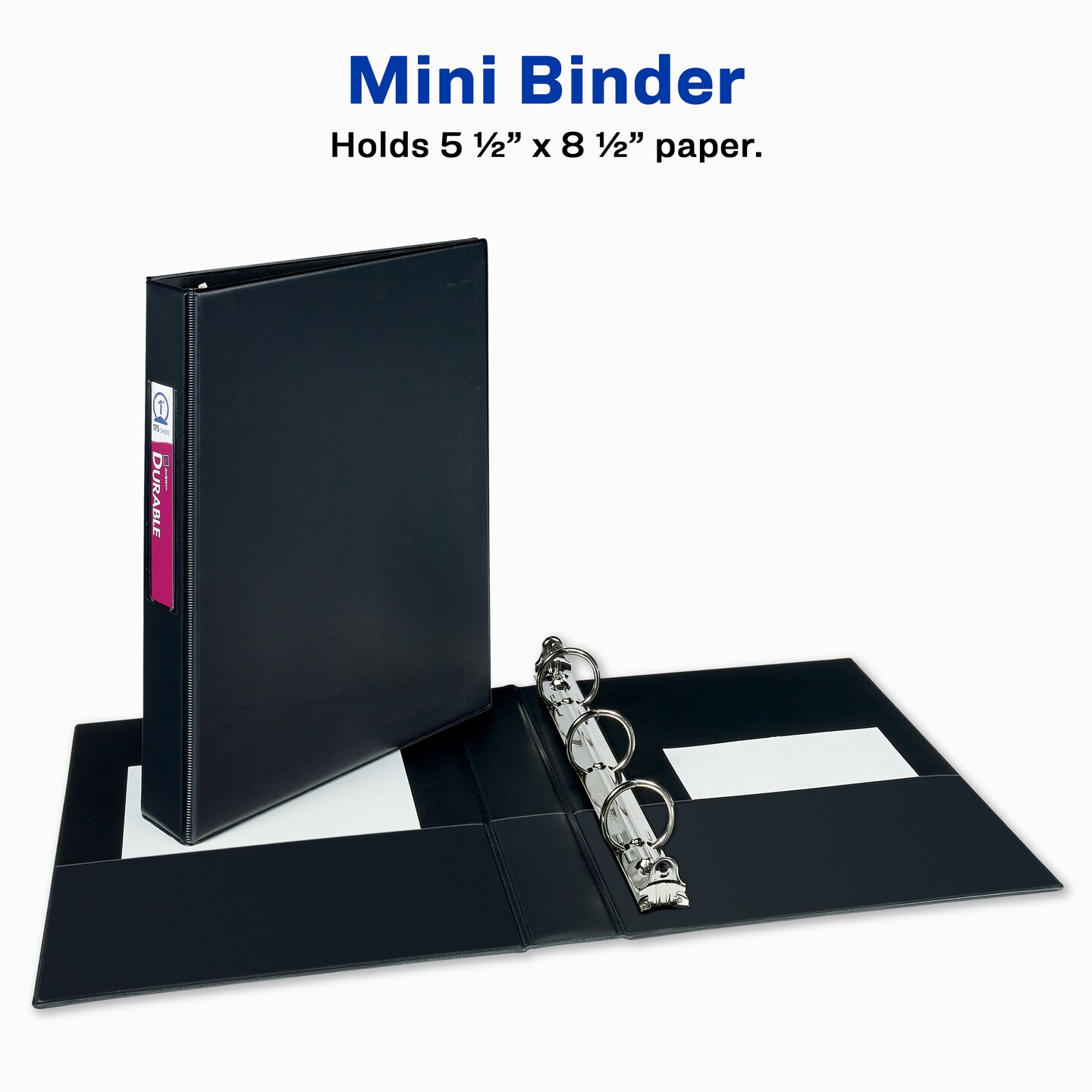 Avery Mini Durable 3 Ring Binder, 1&#x22; Round Rings, Holds 5-1/2&#x22; x 8-1/2&#x22; Paper, Label Holder, 1 Black Binder (27257)