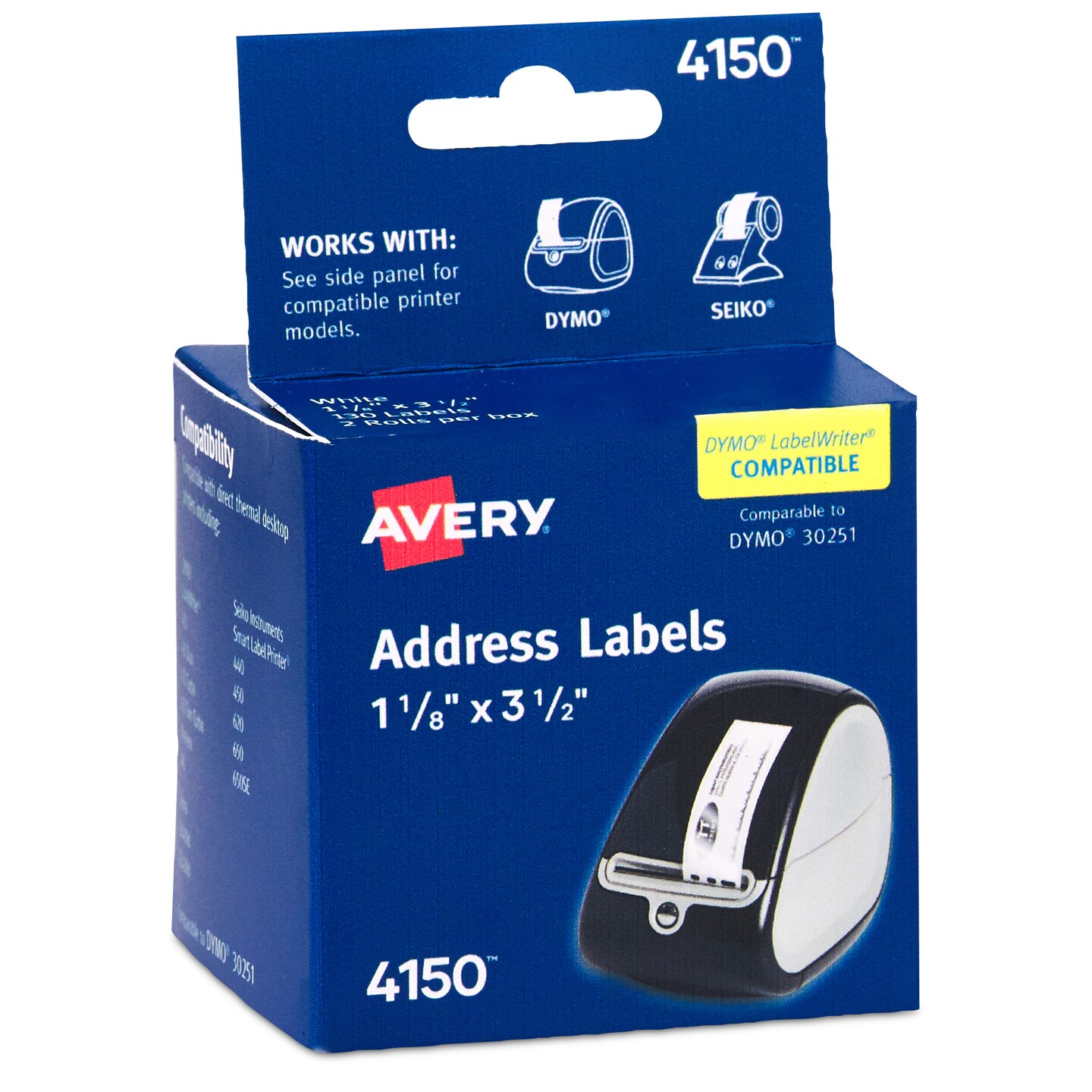 Avery Direct Thermal Roll Labels, 1-1/8&#x22; x 3-1/2&#x22;, White, 130 Address Labels Per Roll, 2 Rolls (4150)