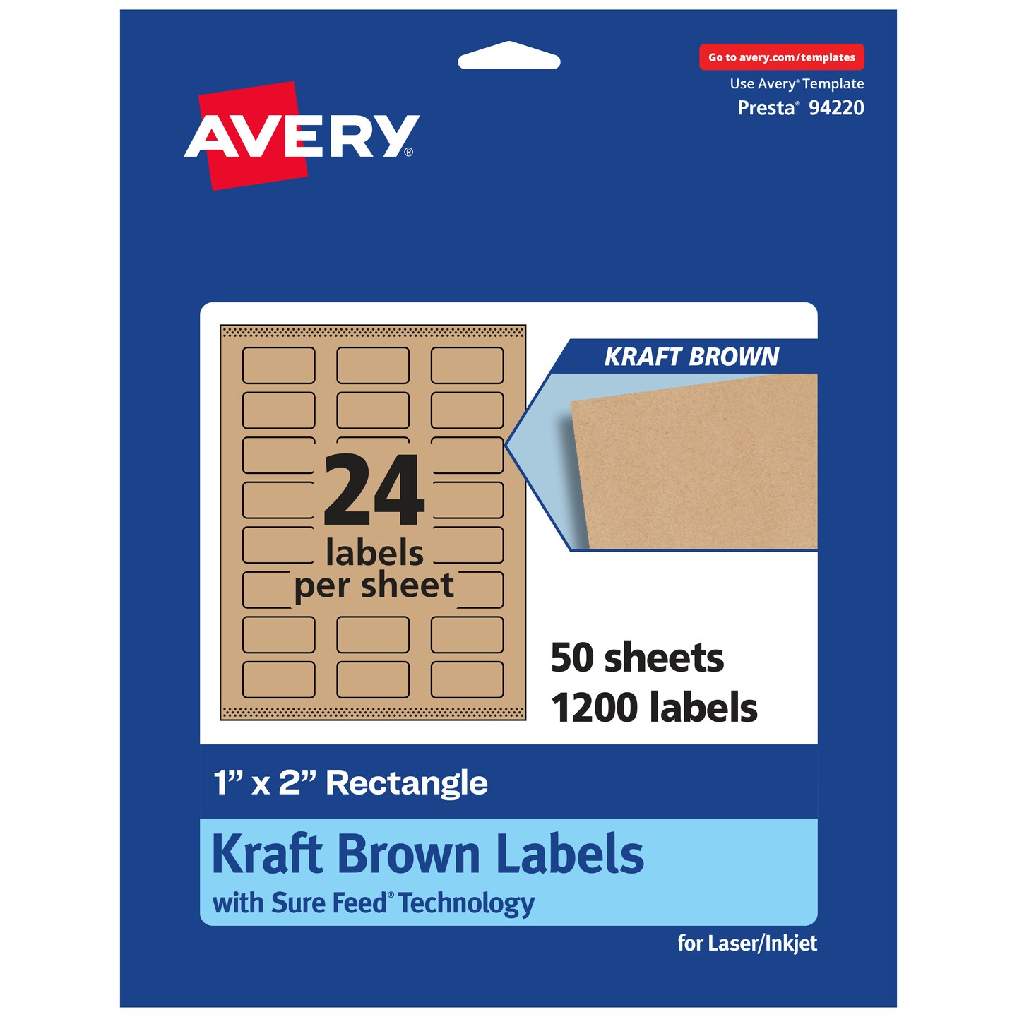 Avery Kraft Brown Rectangle Labels with Sure Feed, 1&#x22; x 2&#x22;