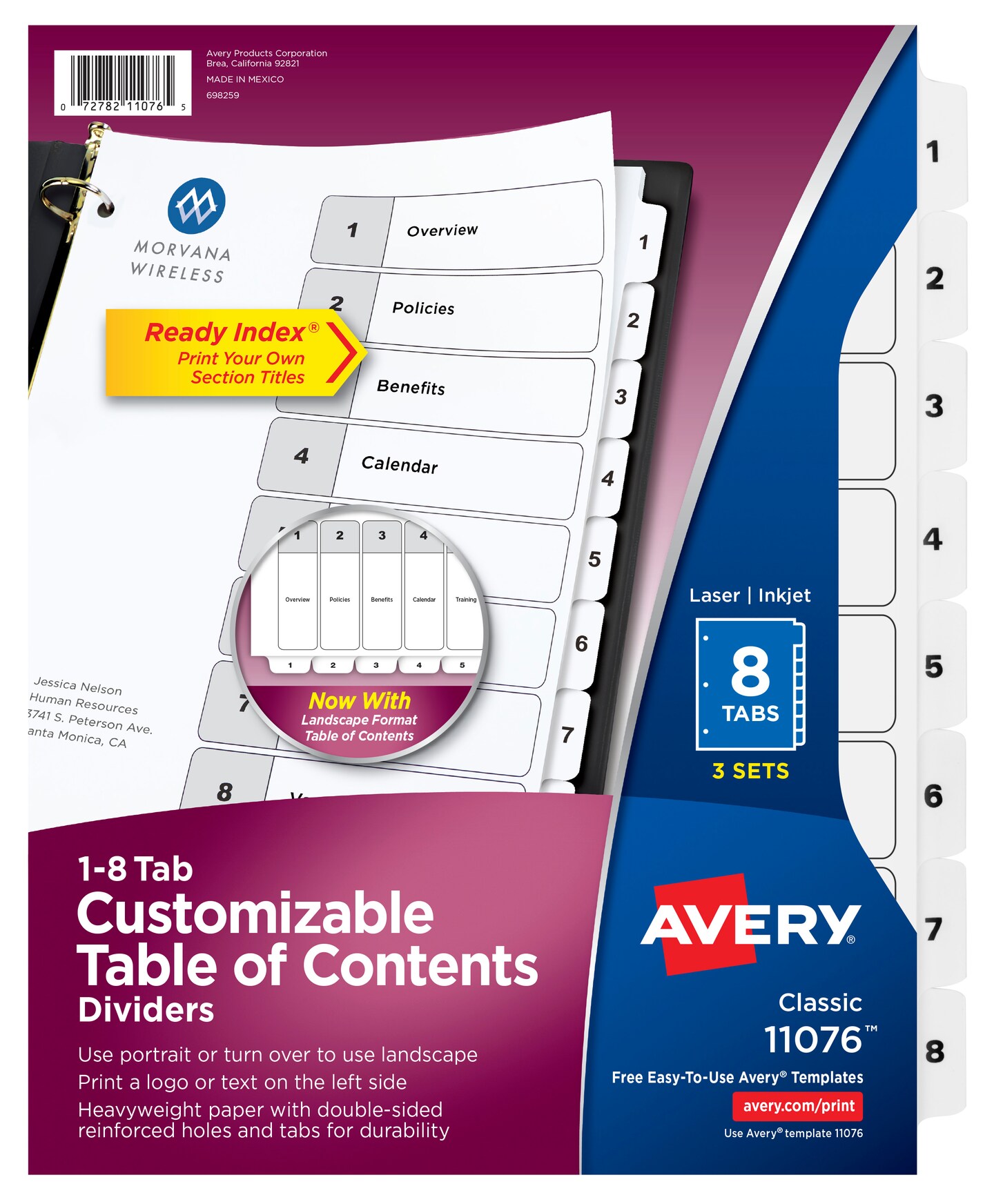 Avery Ready Index 8 Tab Binder Dividers, Customizable Table of Contents, Classic White Tabs, 3 Sets (11076)