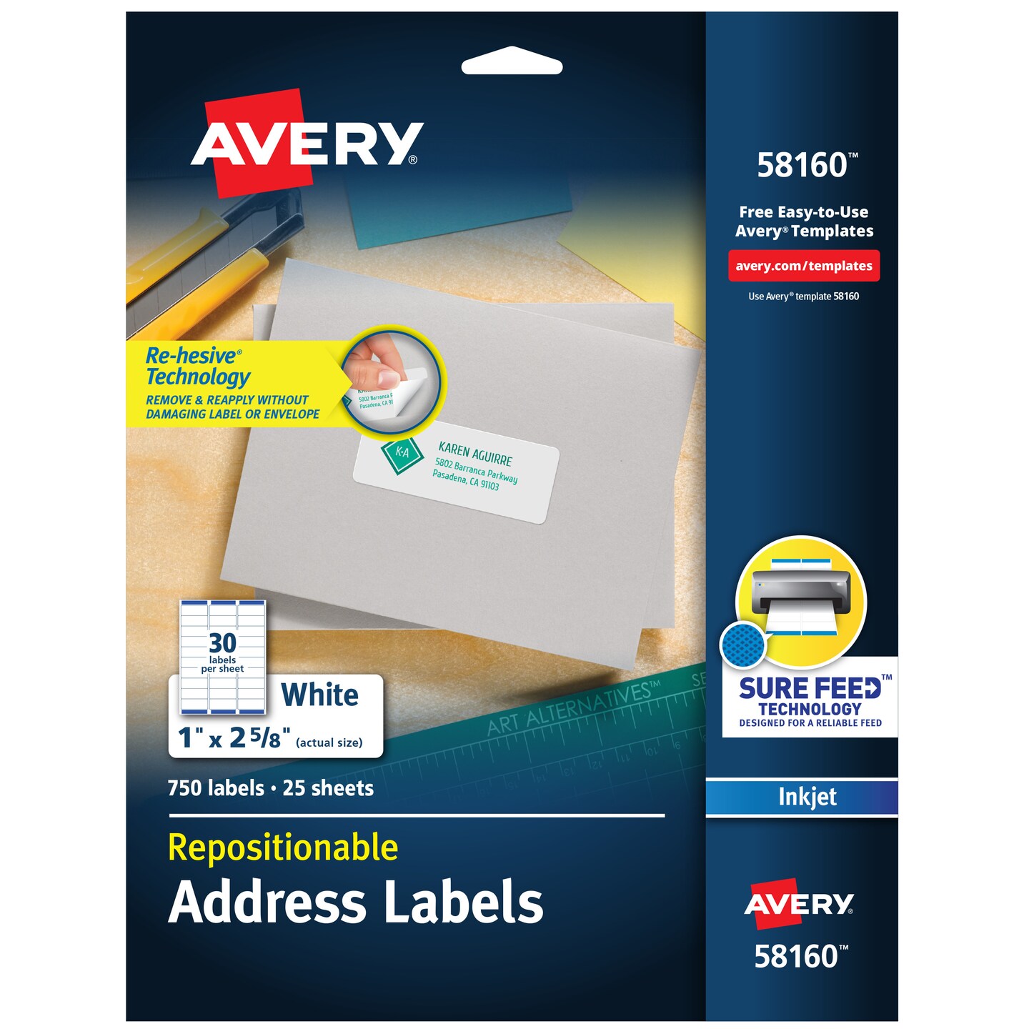Avery Repositionable Printable Address Labels with Sure Feed, 1" x 2-5/8", White, 750 Blank Mailing Labels (58160)
