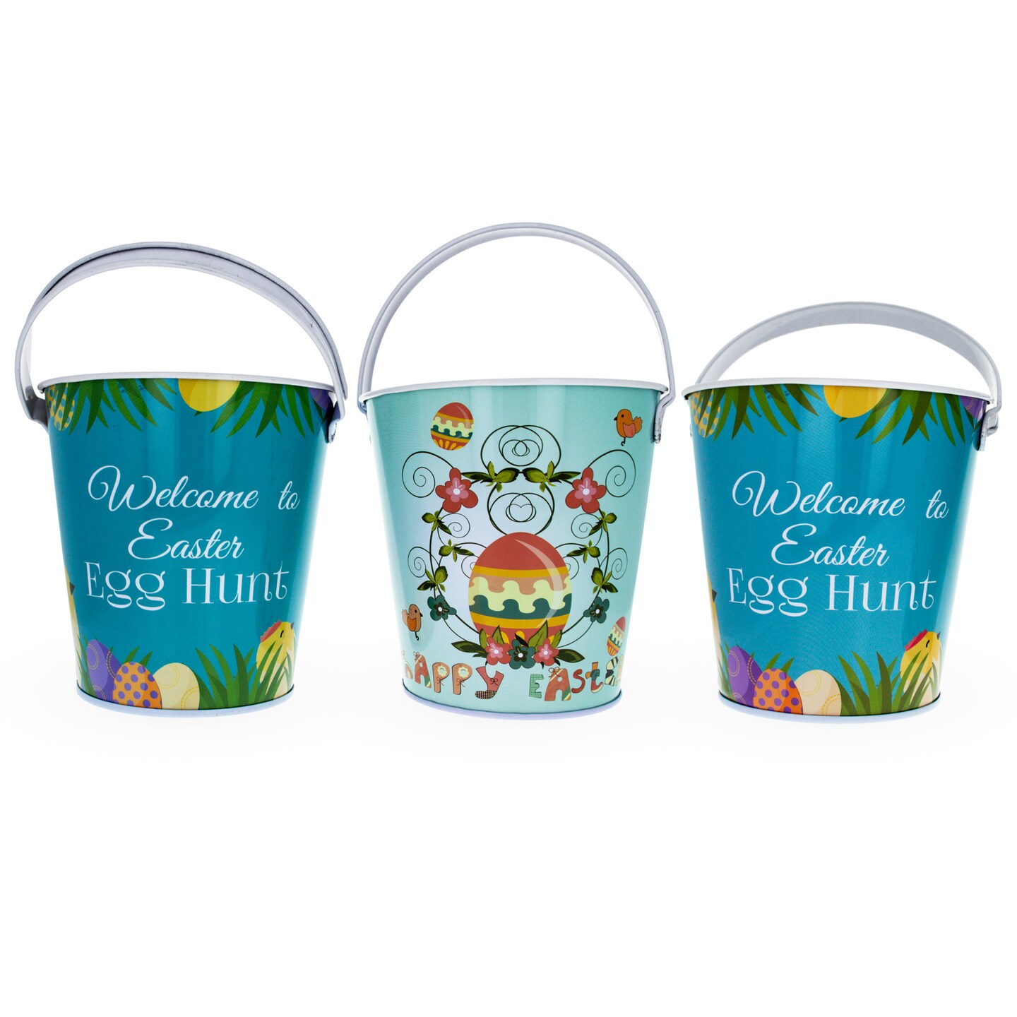 Easter Elegance: Set of 3 Decorative Tin Metal Buckets, Each 6.7 Inches Tall