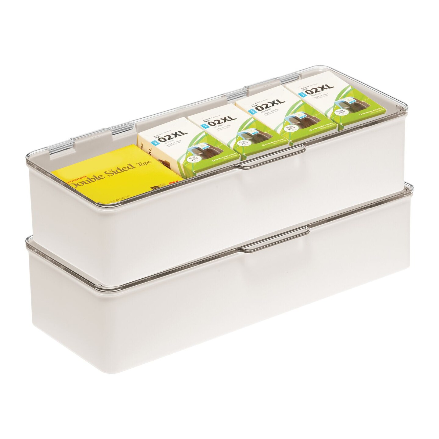 mDesign Long Plastic Stackable Home, Office Supplies Storage Organizer Box with Attached Hinged Lid, 2 Pack