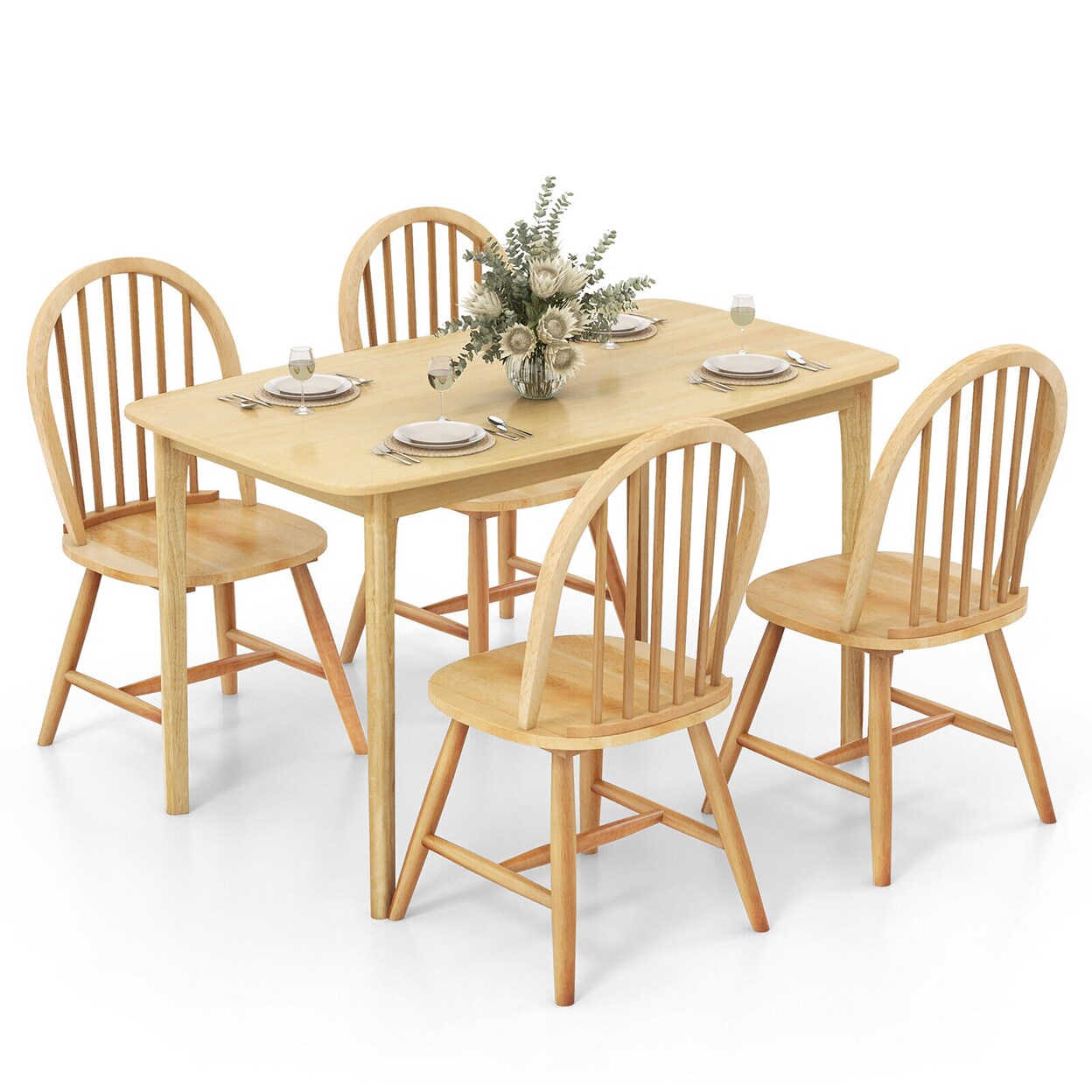 Gymax 5 PCS Wooden Dining Table Set 48 Rectangular Kitchen Table and 4 Windsor Chairs