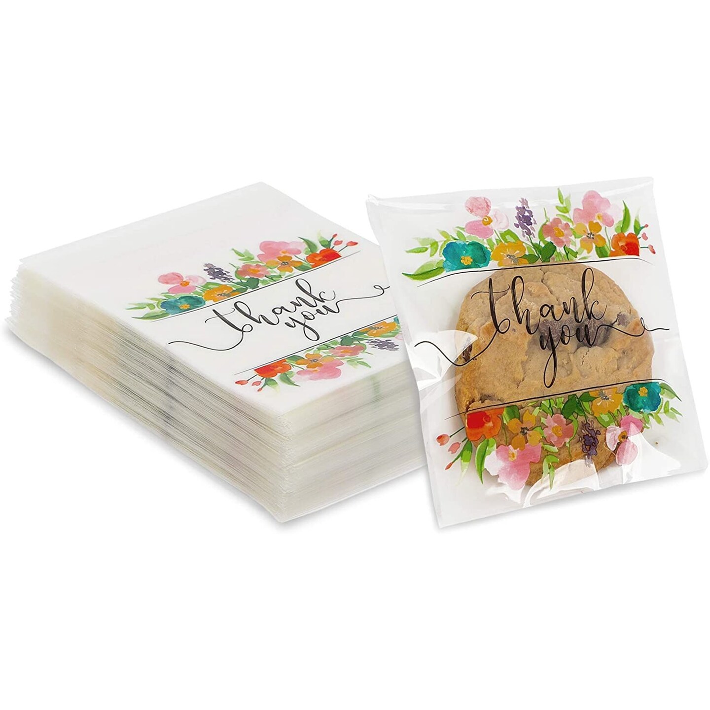 Floral Thank You Party Favor Bags for Candy, Cookies (4 x 4 in, 250