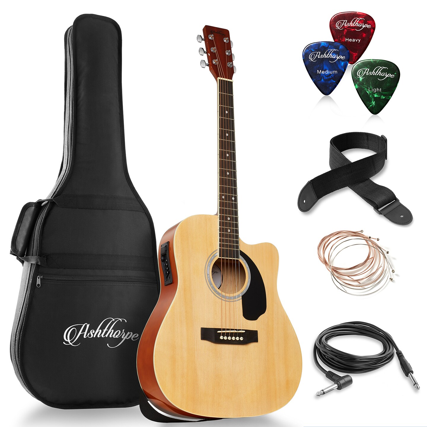 Ashthorpe Full-Size Dreadnought Cutaway Acoustic-Electric Guitar Bundle - Premium Tonewoods