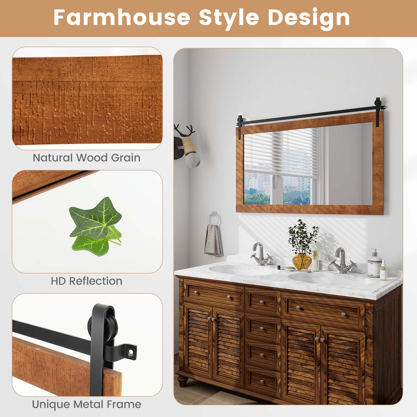 Costway Farmhouse Bathroom Wall Mounted Mirror 40&#x27;&#x27; x 26&#x27;&#x27; Explosion-proof Fir Wood Frame