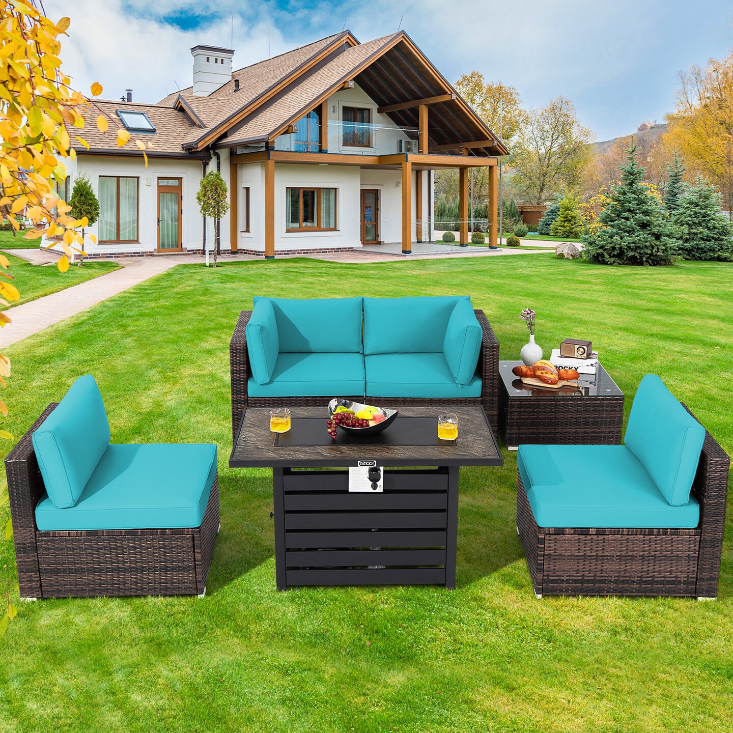 Costway 6PCS Patio Rattan Furniture Set 42 Fire Pit Table Cover