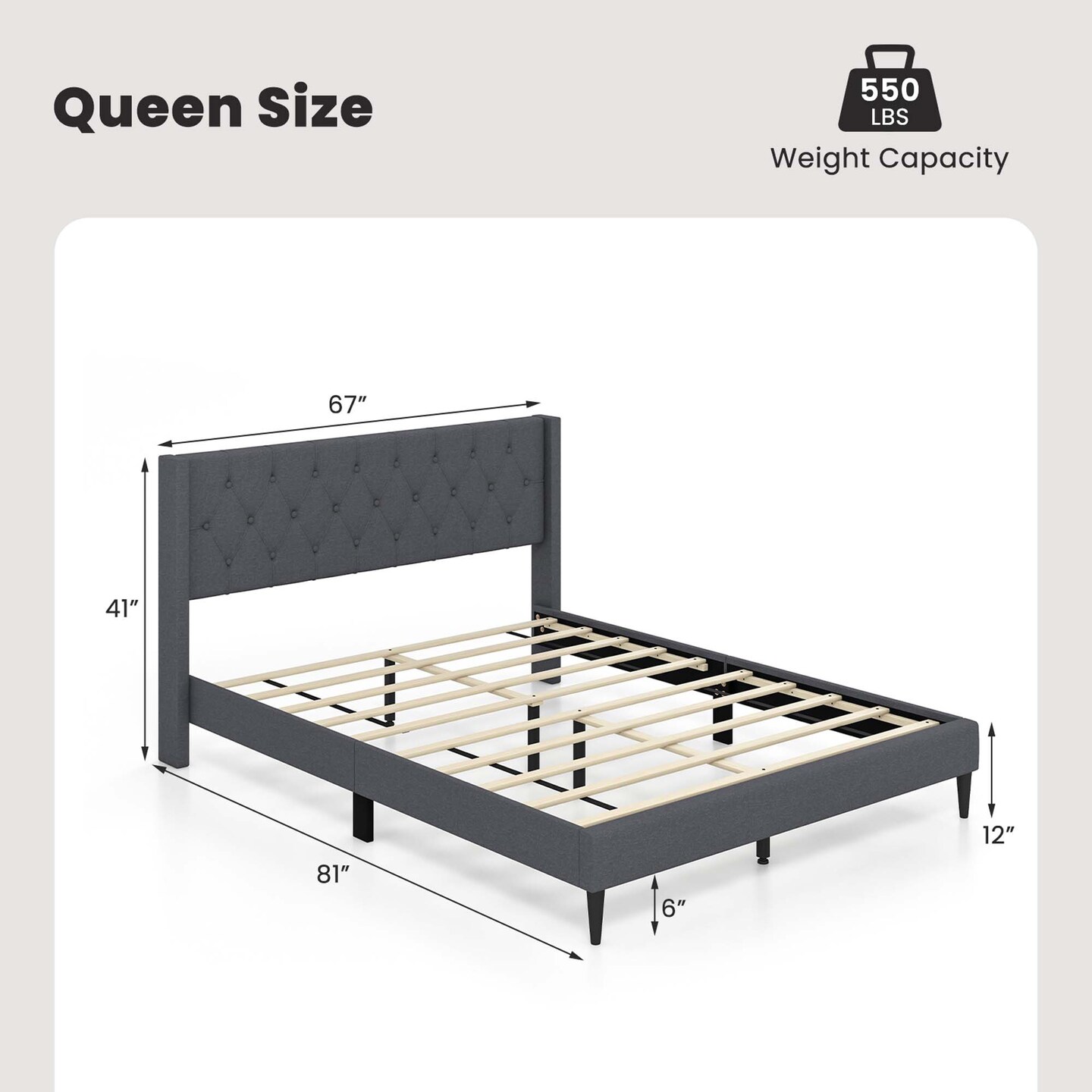 Costway Queen Size Upholstered Platform Bed with Button Tufted Wingback Headboard Blue/Grey