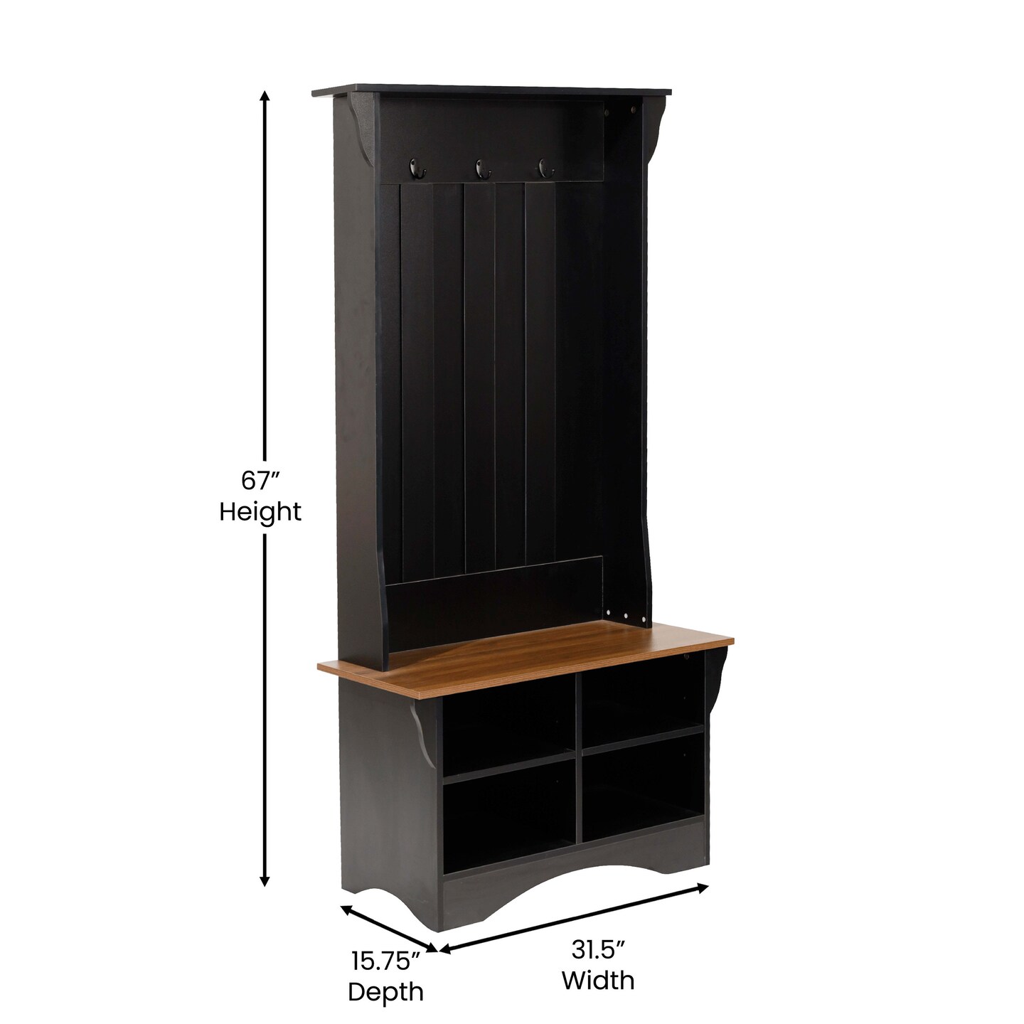 Merrick Lane Whitman Hallway Tree with Bench Seating, 3 Single Coat Hooks and Lower Storage with Adjustable Shelves
