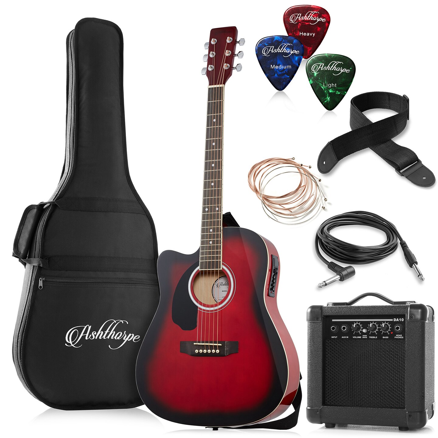 Ashthorpe Left Handed Full-Size Dreadnought Cutaway Acoustic Electric Guitar Package with 10 Watt Amp