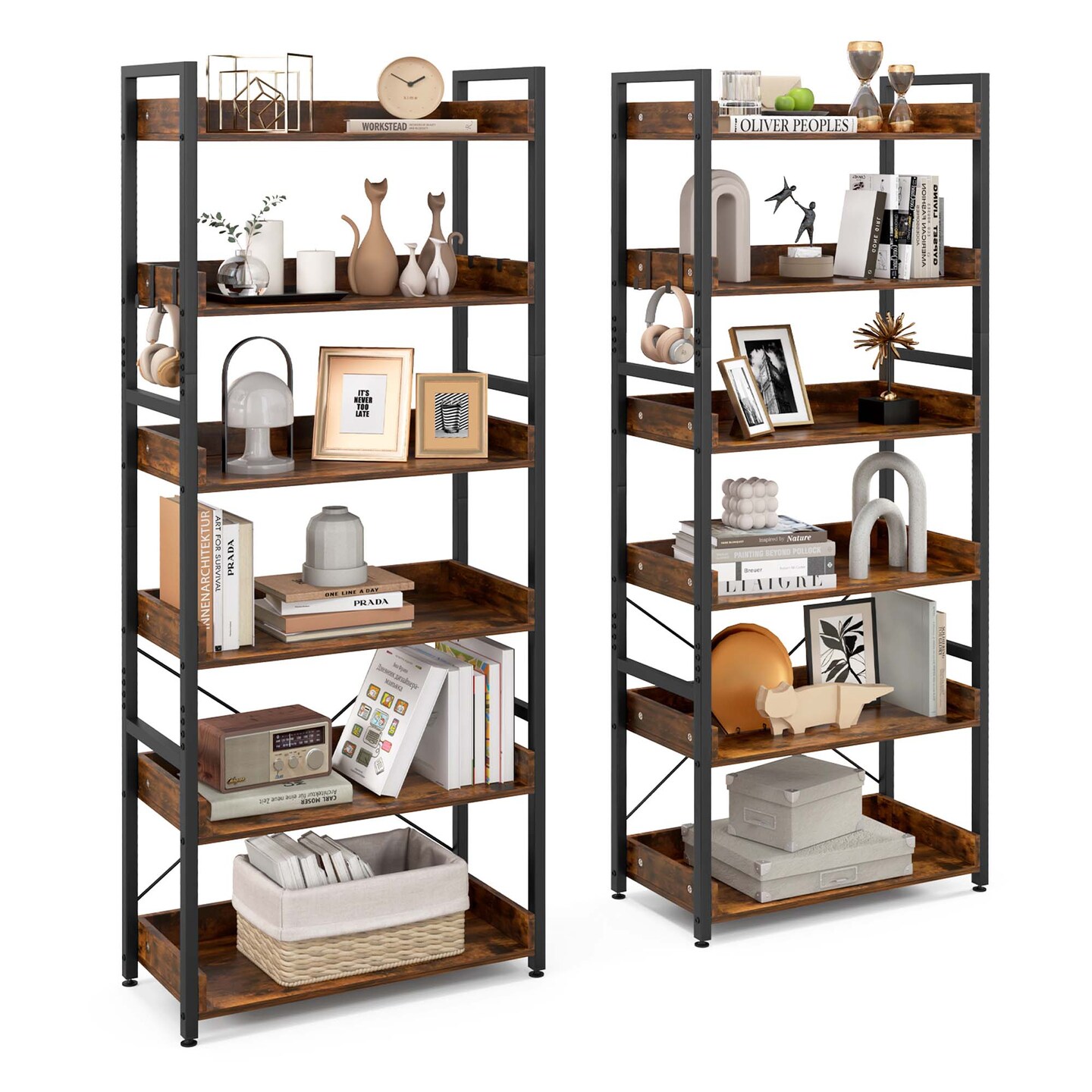Costway 2 PCS 6-Tier Bookshelf Open Display Shelves Storage Rack Metal Frame with 4 Hooks