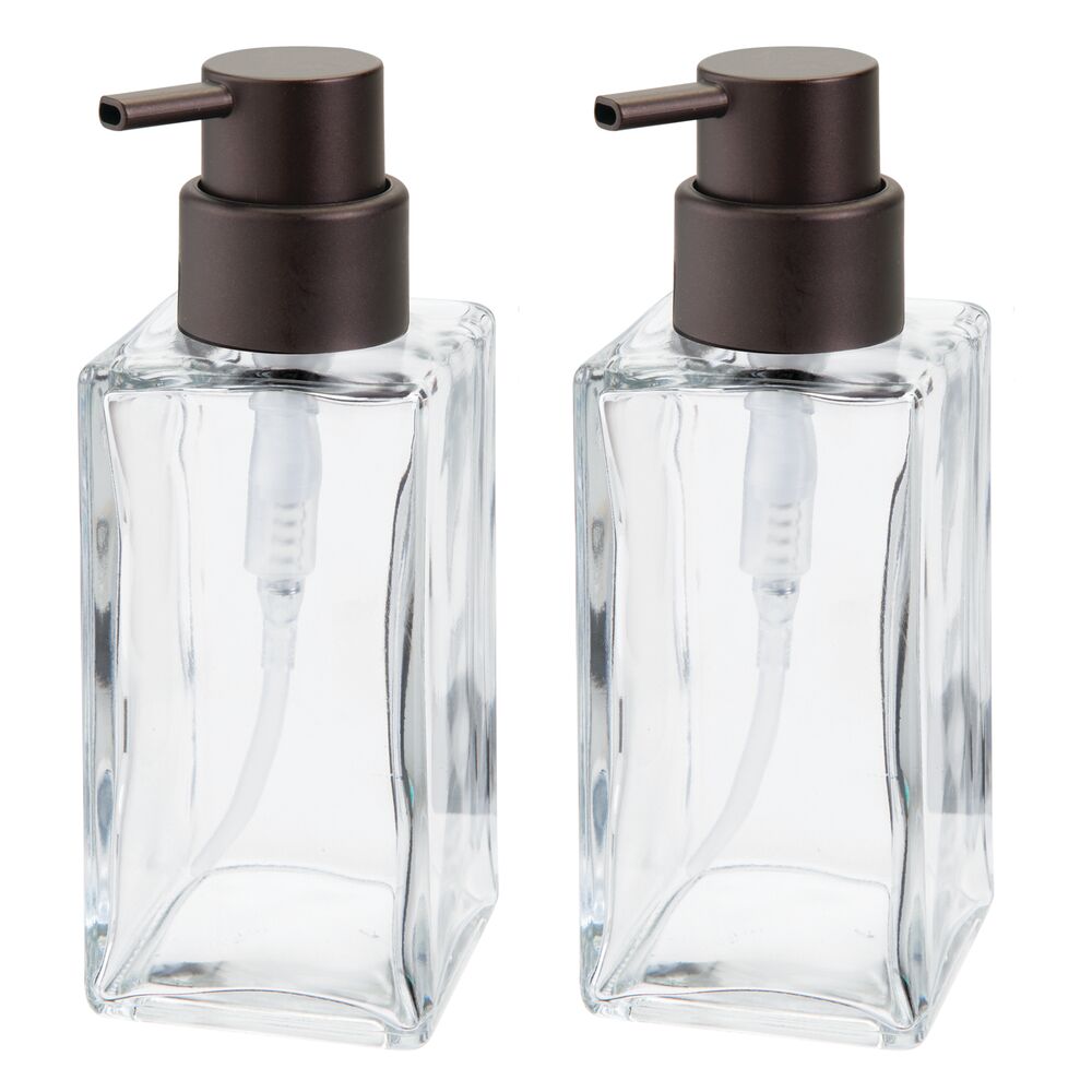 mDesign Square Glass Refillable Soap Dispenser Pump, 2 Pack