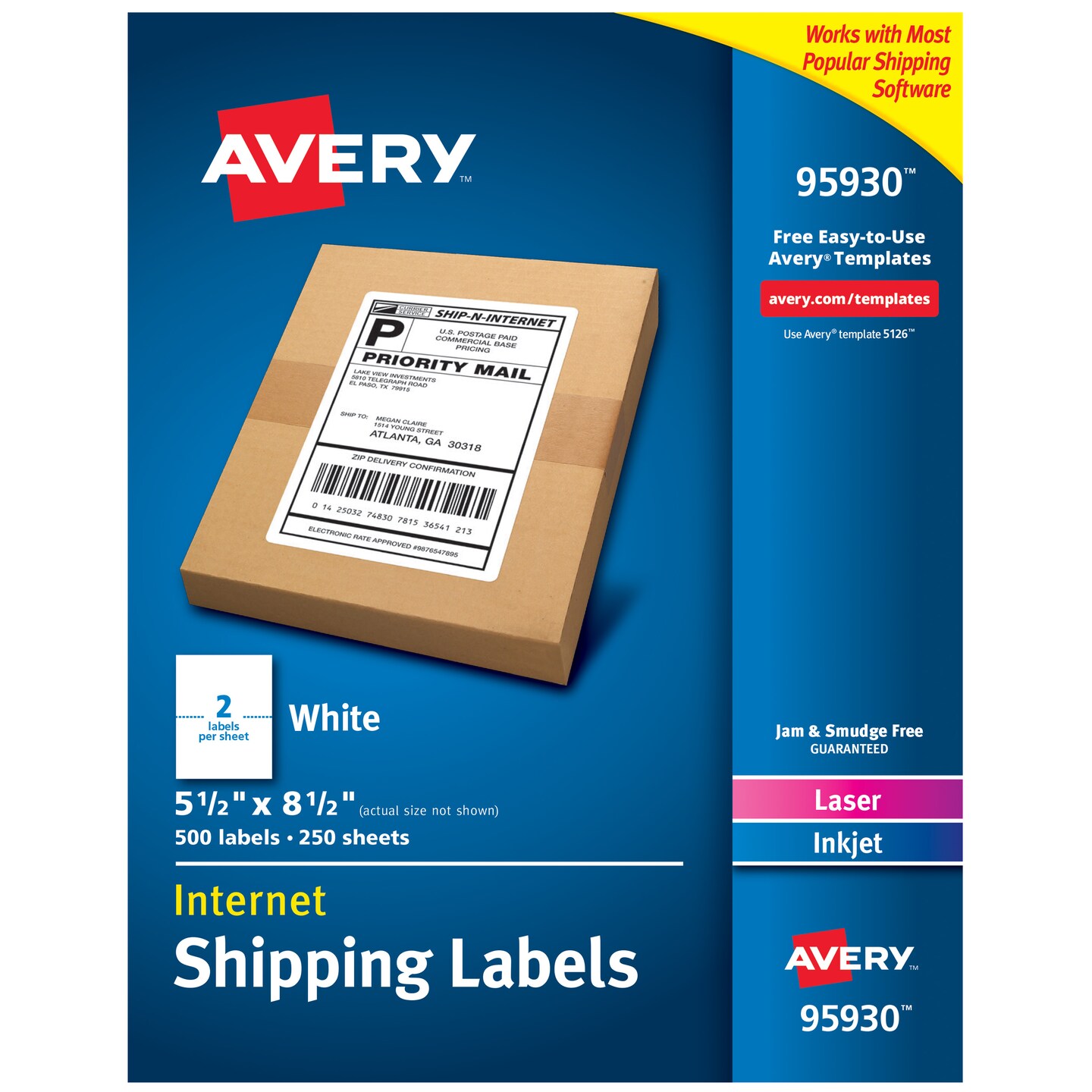 Avery Shipping Address Labels, Laser &#x26; Inkjet Printers, 500 Labels, Half Sheet Labels, Permanent Adhesive (95930)