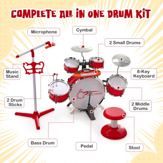 Jazz Drum Musical Instrument Set with Stool and Microphone Stand Ideal for Kids Birthday or Others Occasions