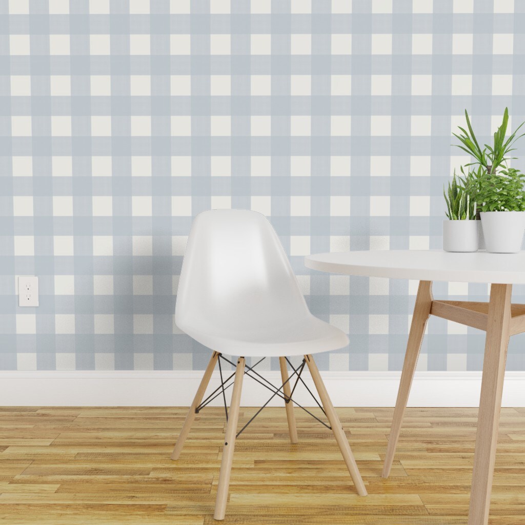 Pre-Pasted Wallpaper 2FT Wide Blue Buffalo Check Pastel Minimal Rustic Plaid Simple Custom Pre-pasted Wallpaper by Spoonflower