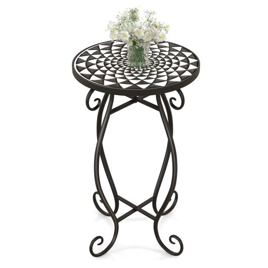 12" Round Ceramic Tile Table with Floral Mosaic Design and Metal Legs Ideal for Balcony or Deck