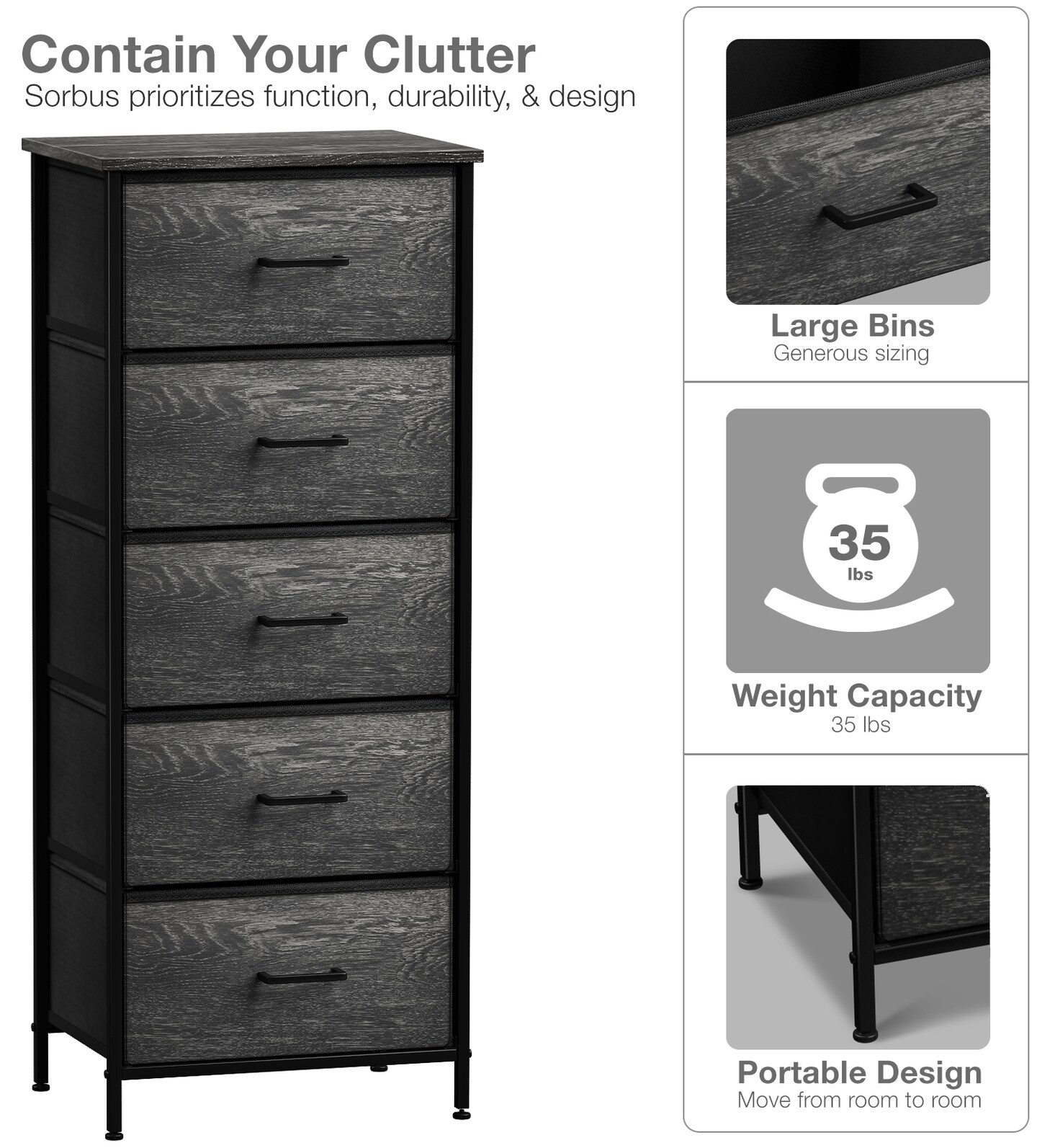 Sorbus Narrow 5 Drawers Nightstand with Steel Frame, Wood Top, Easy Pull Fabric Bins for Home, Bedroom, Office & Dorm
