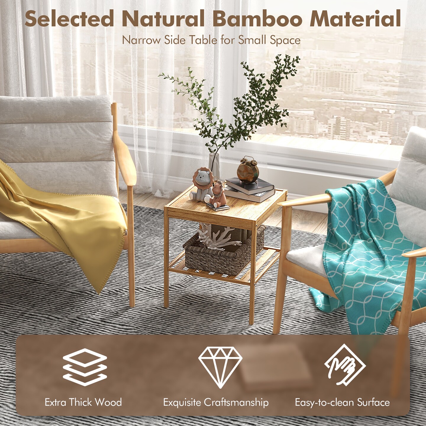 2 PCS 2-Tier Bedside End Table Bamboo Nightstand for Living Room Bedroom