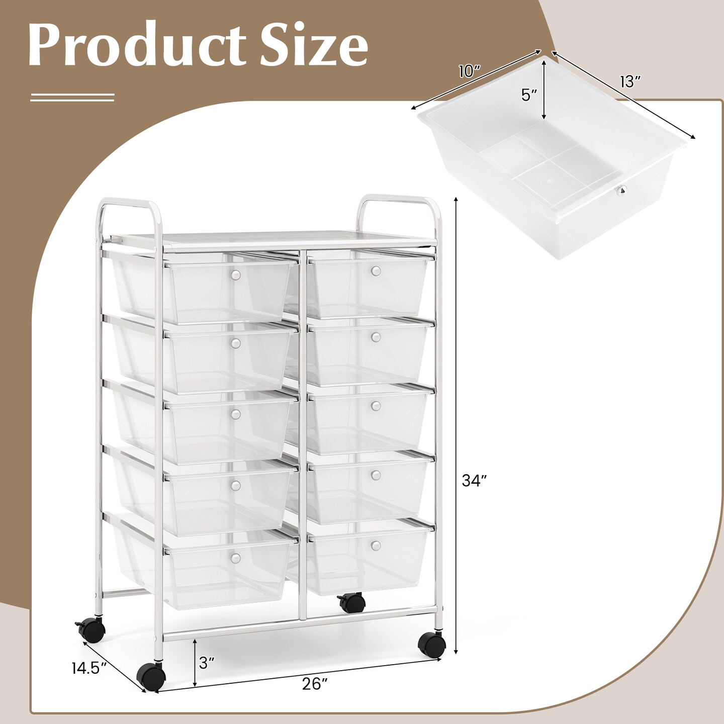 Metal 10-Drawer Rolling Storage Cart with Lockable Wheels