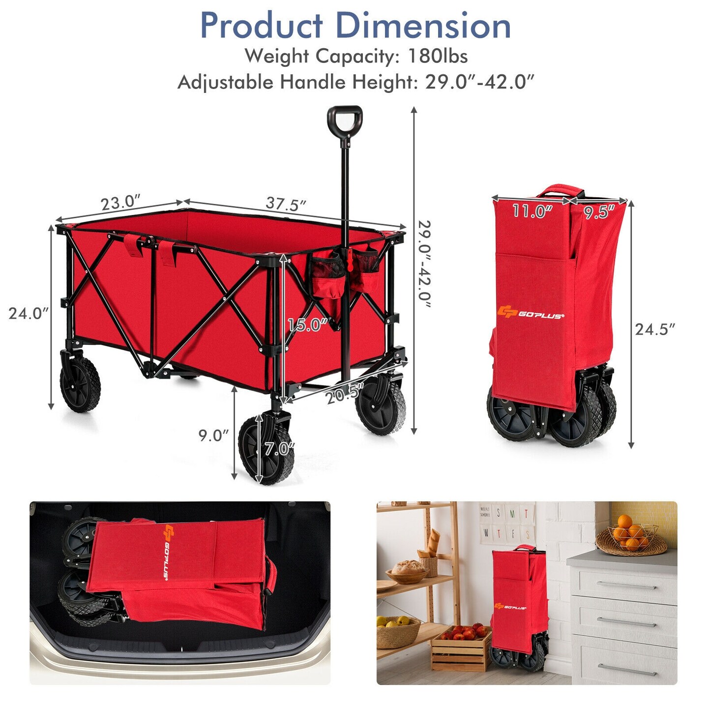 Outdoor Folding Utility Wagon Cart with Adjustable Handle and Cup Holder for All-Terrain Wheels