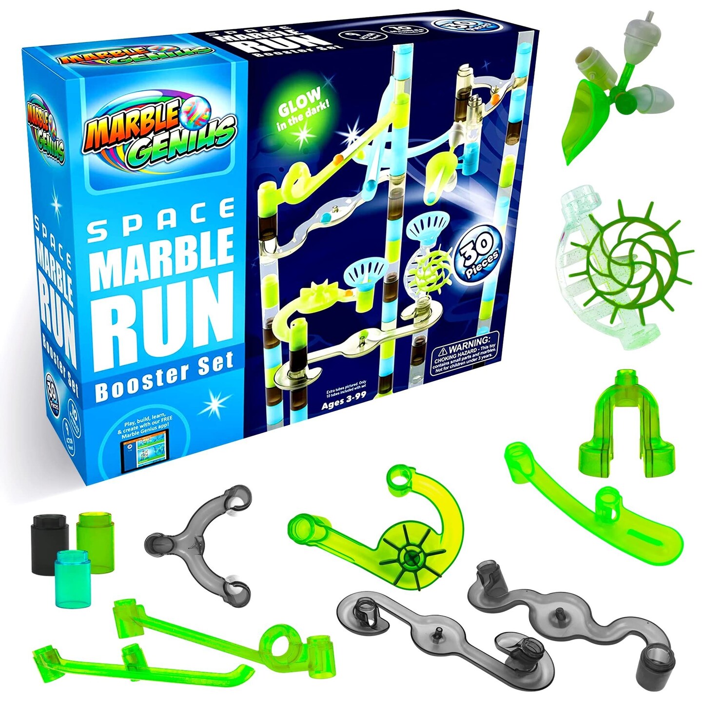 Marble Genius Marble Run Booster Set - 30 Pieces Total (10 Action Pieces Included), Construction Building Blocks Toys for Ages 3 and Above, with Instruction App Access, Add-On Set, Space