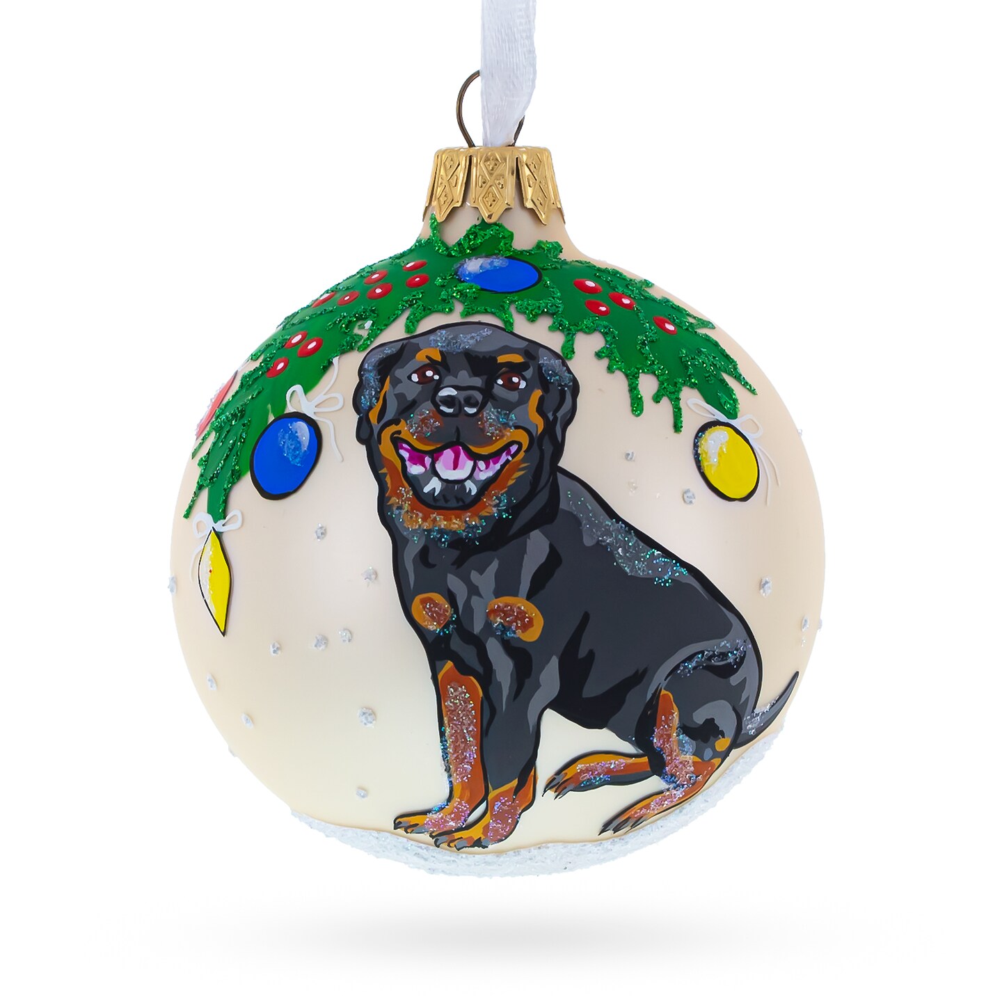 Cheerful Rottweiler Glass Ball Christmas Ornament 3.25 Inches