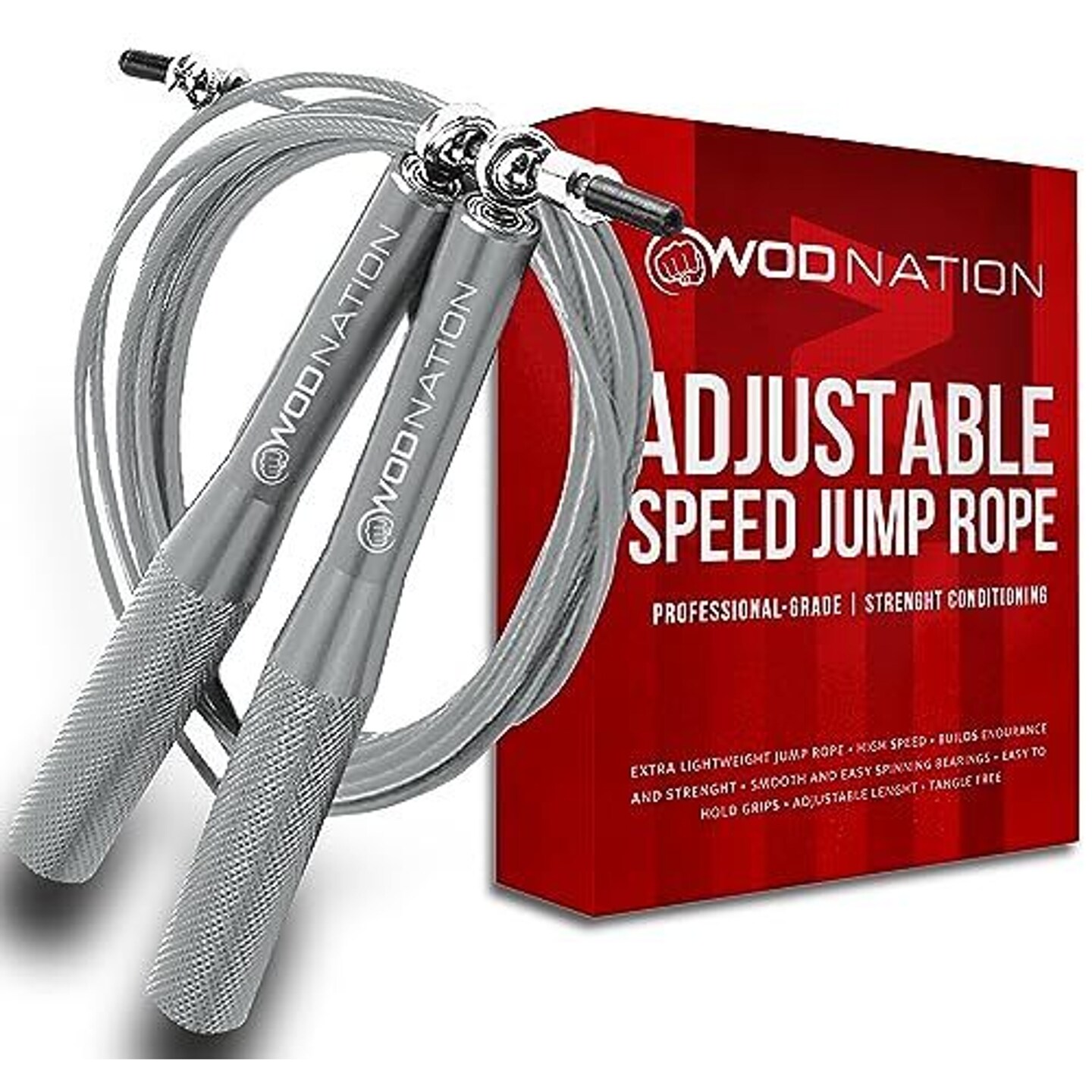 WOD Nation Aluminum Handle High Speed Adjustable Jump Rope for Women and Men - Perfect Skipping Rope for Boxing, Fitness, Workout - Gray