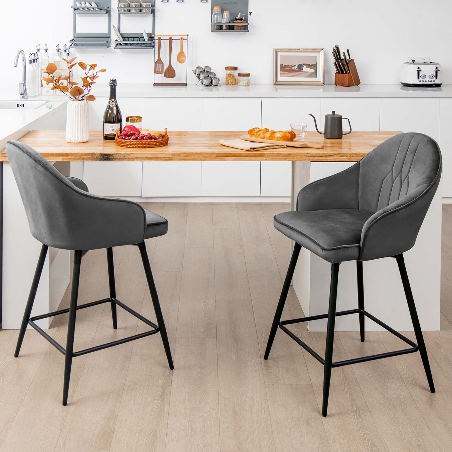 Costway Set of 2 Velvet Bar Stools Swivel Counter Height Dining Chair with Metal Legs Gray