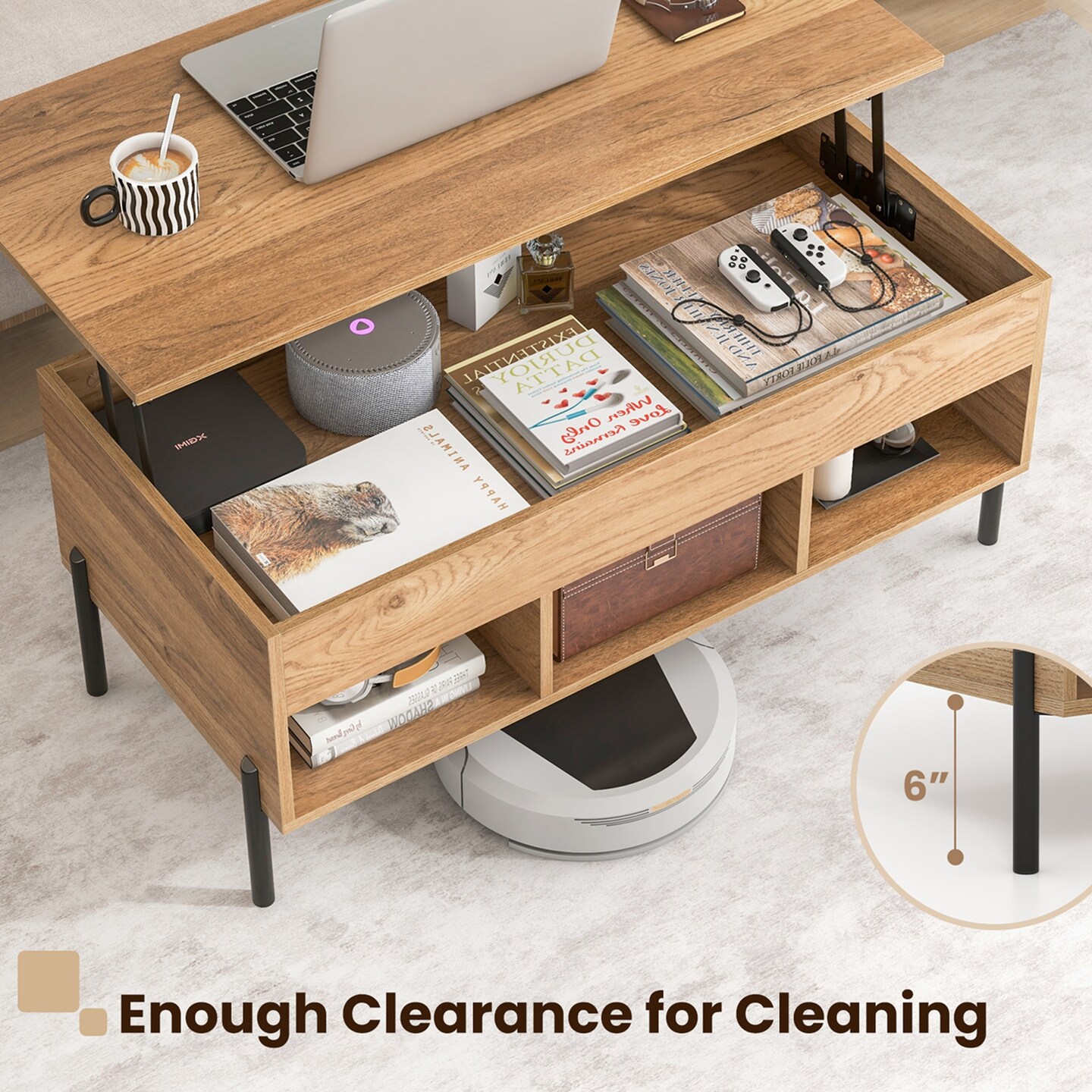 Costway Lift Top Coffee Table with Storage Compartment &#x26; 3 Open Cubbies for Living Room