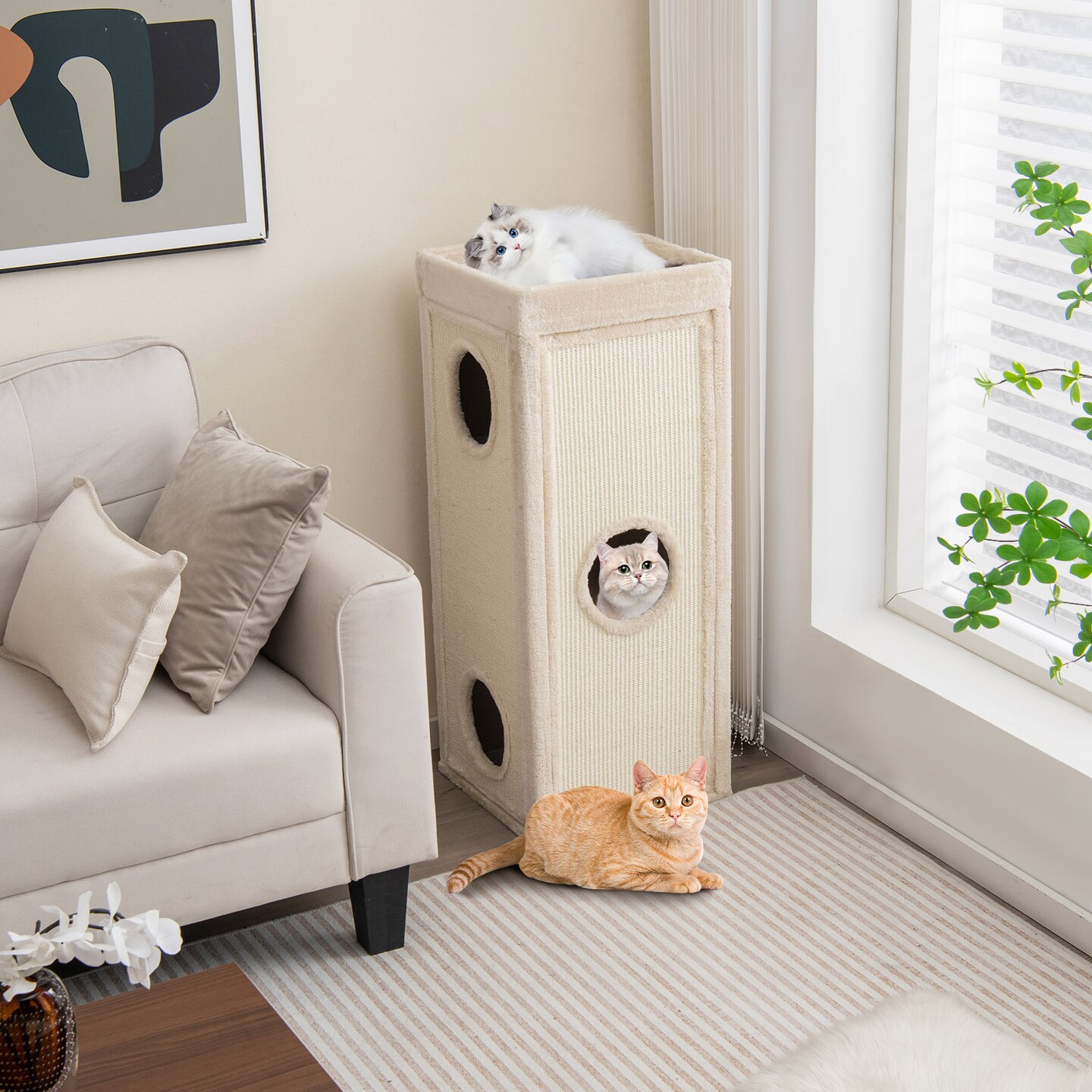 Costway 4-Story Cat House 39&#x27;&#x27; Cat Condo with Scratching Posts &#x26; 4 Soft Plush Cushions Gray/Natural