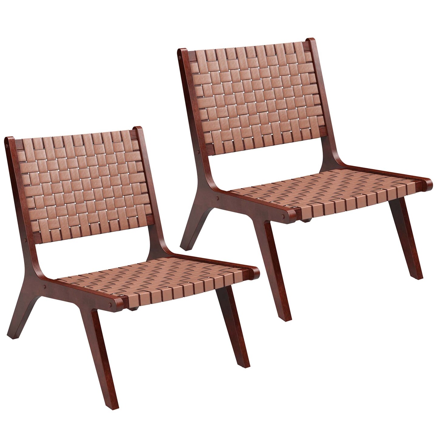 Costway Woven Leather Accent Chair Mid Century Rubber Wood Armless Side Chair