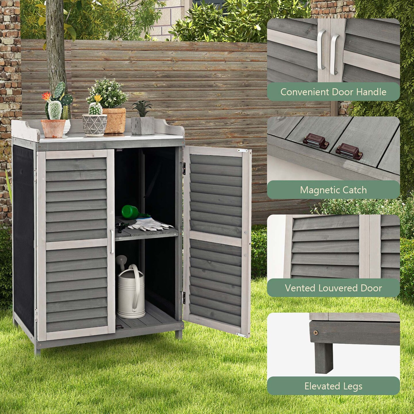 Costway Outdoor Potting Bench Table, Garden Storage Cabinet with Metal Tabletop