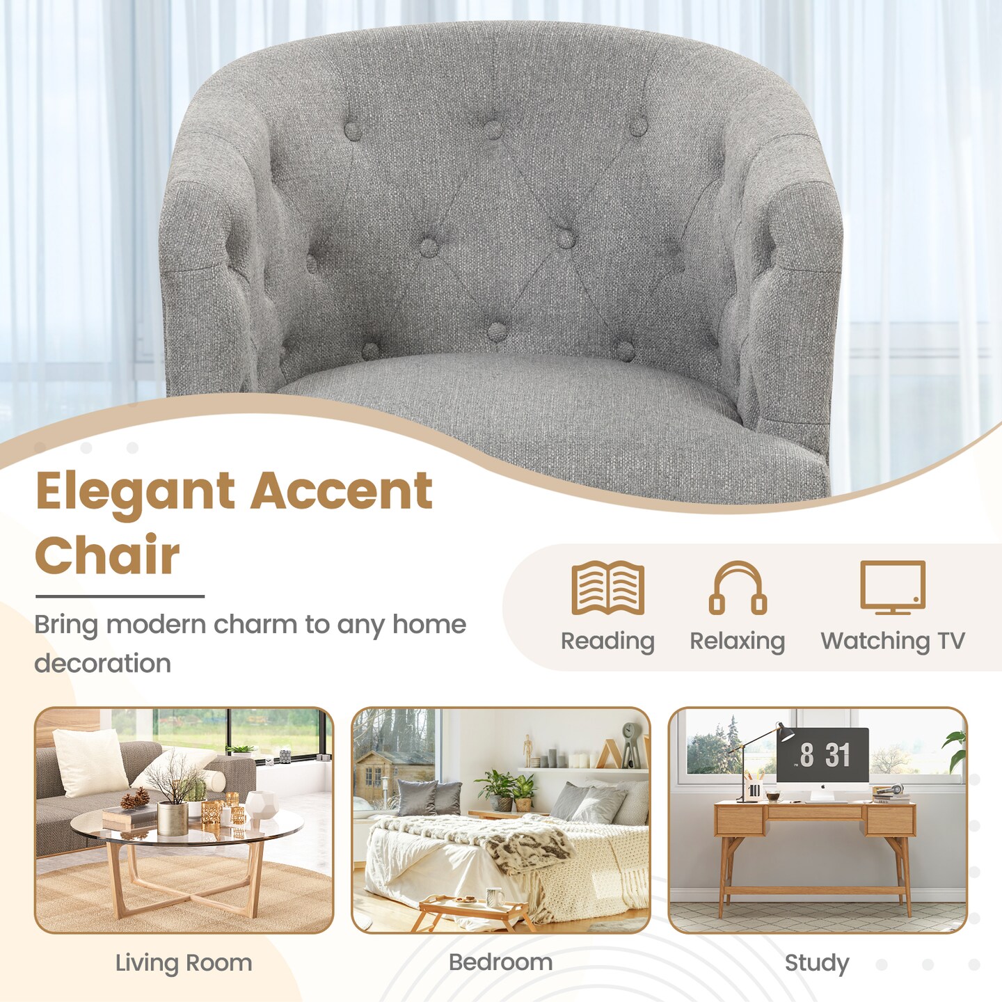 Costway Upholstered Accent Chair Comfy Club Armchair Single Sofa with Rubber Wood Legs