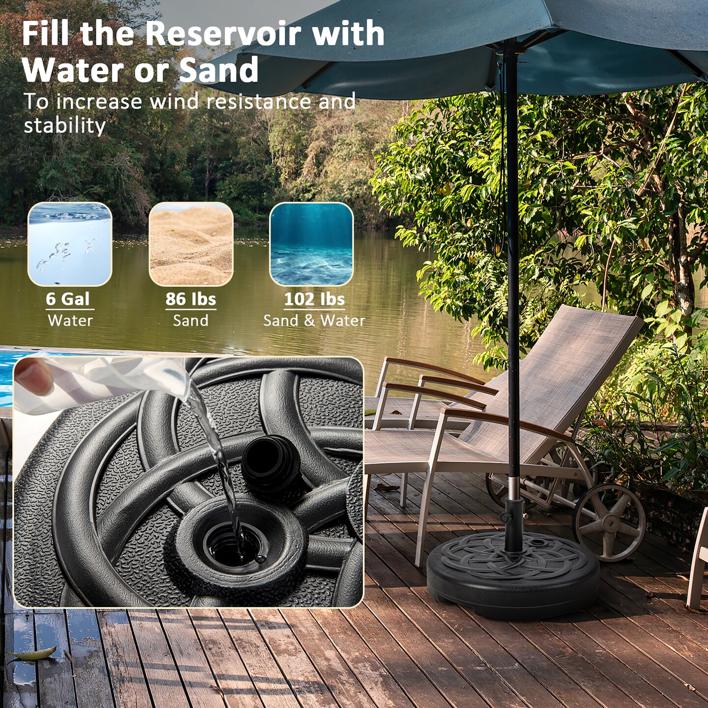 Costway 22&#x27;&#x27; Patio Fillable Round Umbrella Base Stand Water/Sand Fit Pole 1.5&#x27;&#x27; &#x26; 1.9&#x27;&#x27;