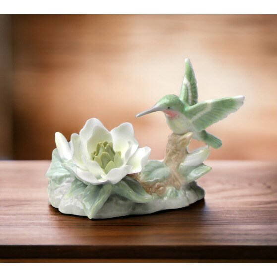 Ceramic Hummingbird Candle Holder With Magnolia Flower 4.5 Inch