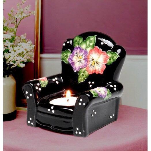 kevinsgiftshoppe Ceramic Pansy Flowers Black Chair Tealight Candle Holder Home Decor   Kitchen Decor