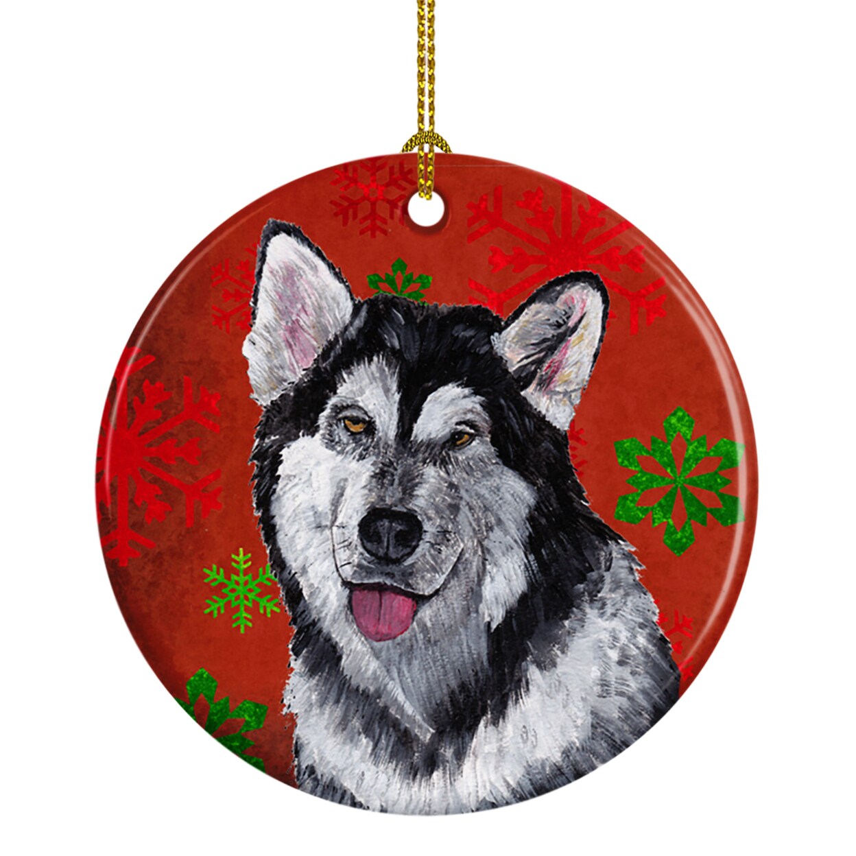 Caroline&#x27;s Treasures   SC9492CO1 Alaskan Malamute Red Snowflakes Holiday Christmas  Ceramic Ornament, 3 in, multicolor