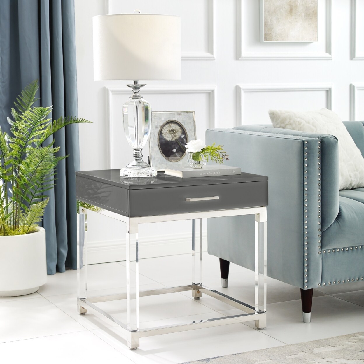 Inspired Home Jerome End Table-High Gloss-Acrylic Legs-Metal Base-Modern Design