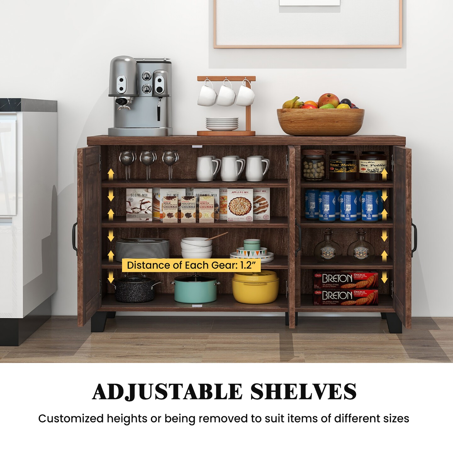 Costway 3-Door Buffet Sideboard Storage Credenza Cabinet Console Adjustable Shelf Brown/White Wash