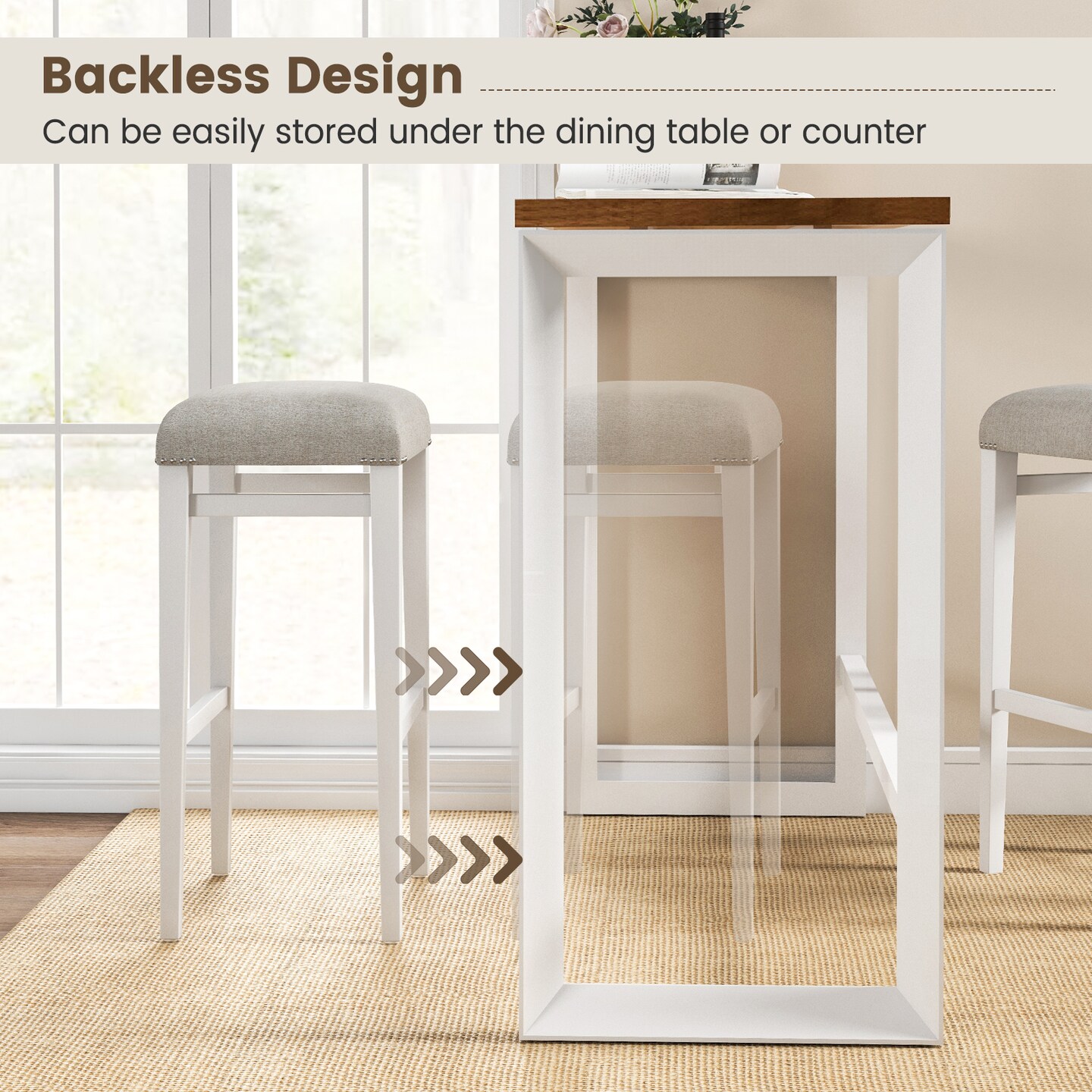 Costway 24" Height Set of 2 Bar Stools Backless Counter Height Kitchen Chairs with Wooden Legs Gray