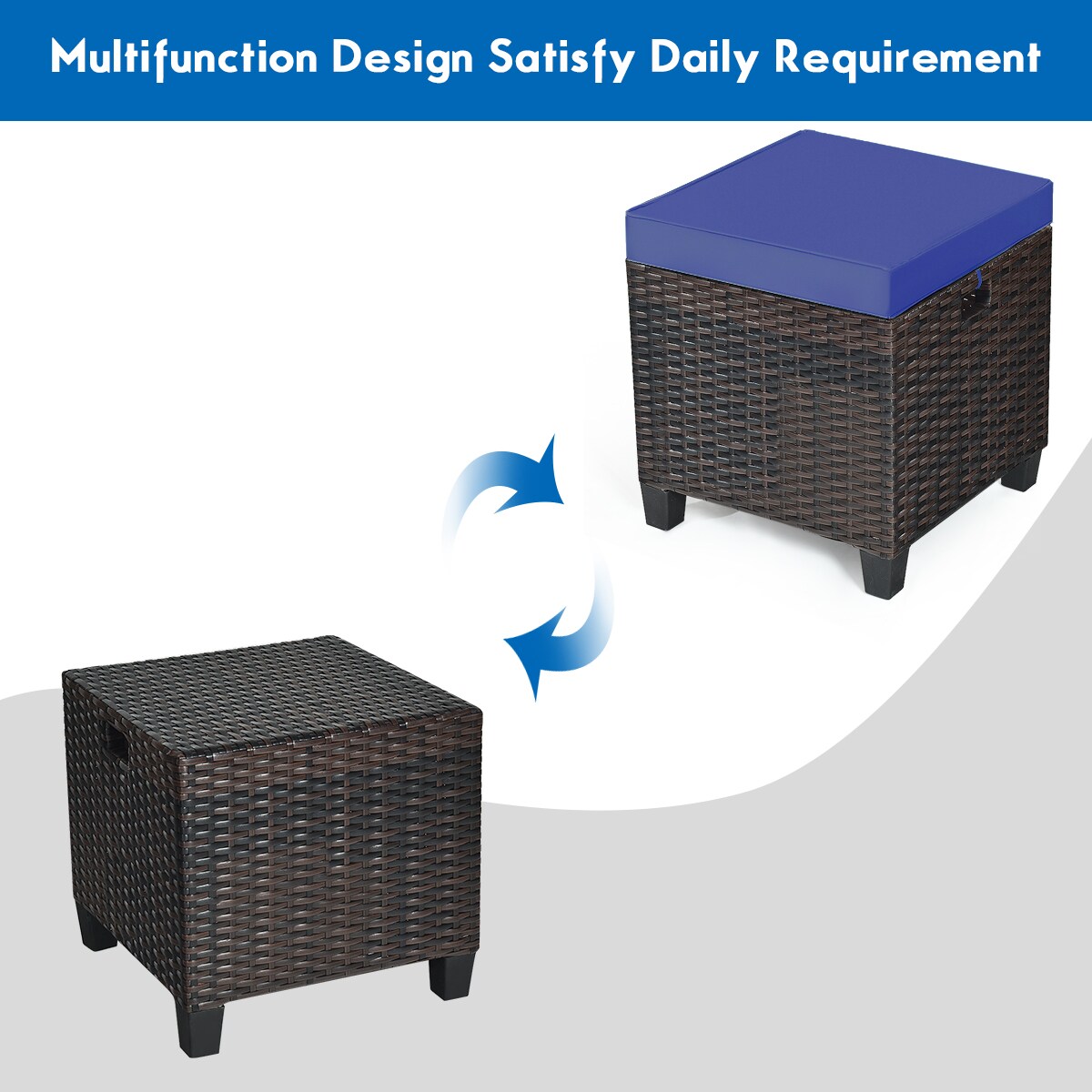 2 Pieces Patio Rattan Ottoman Cushioned Seat with Foot Rest