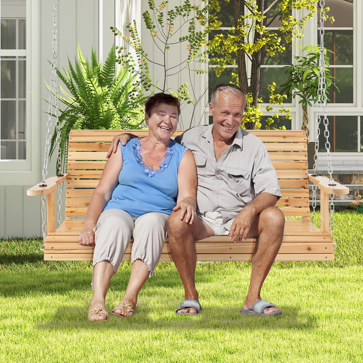 Costway 2-seat Wood Swing Bench with Folding Cup Holder and Sturdy Metal Hanging Chains