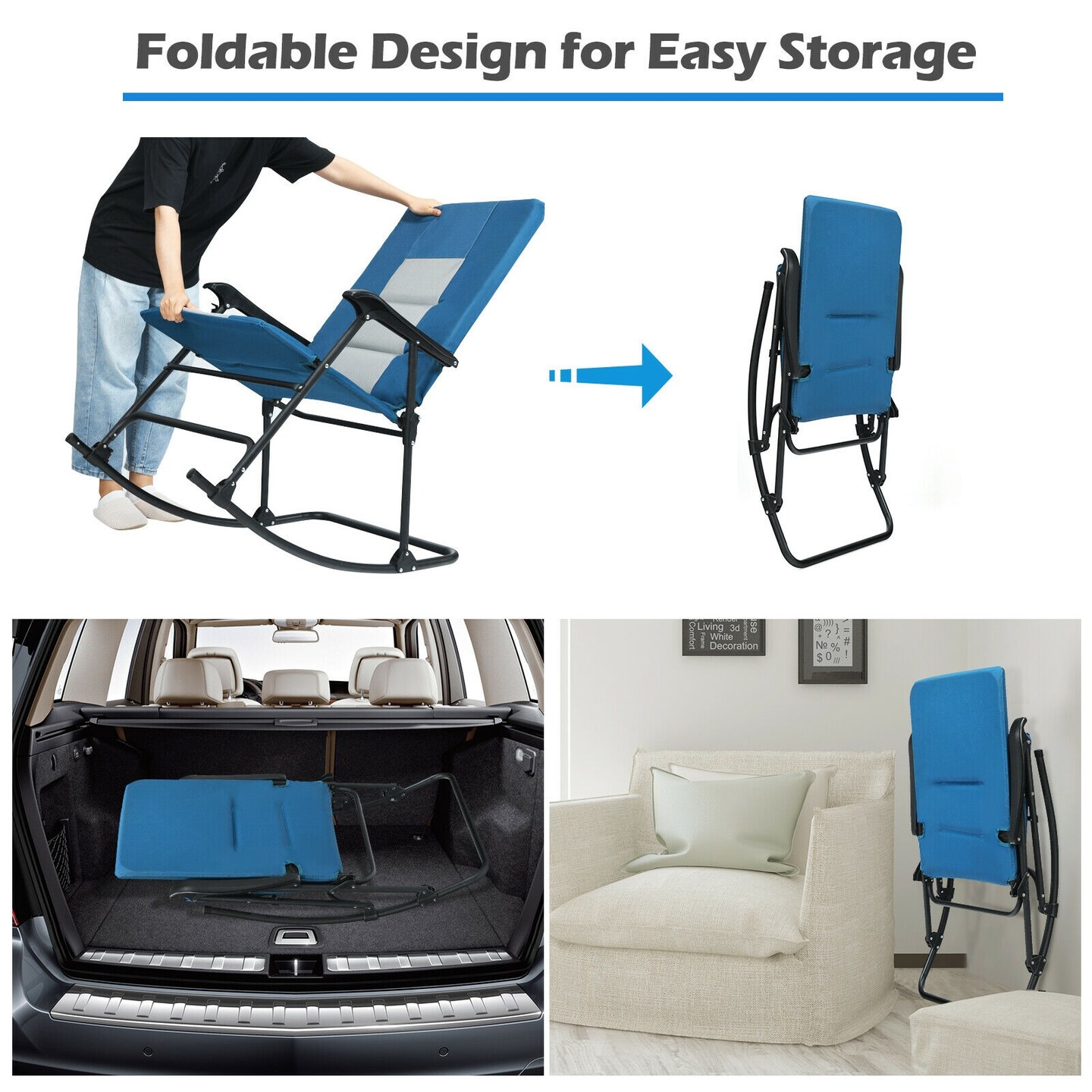Foldable Rocking Padded Portable Camping Chair with Backrest and Armrest