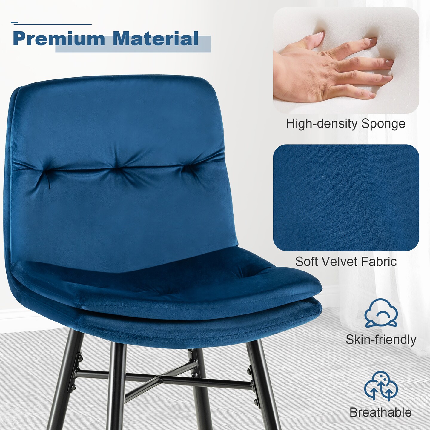 Costway Set of 2 Velvet Bar Stools Bar Height Kitchen Dining Chairs with Metal Legs Blue/Grey