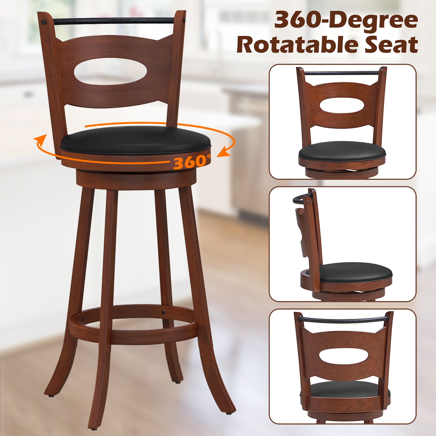 Costway Set of 2 Bar Stools 360&#xB0; Swivel Dining Chairs Solid Rubber Wood Leather Padded Seat Counter Height