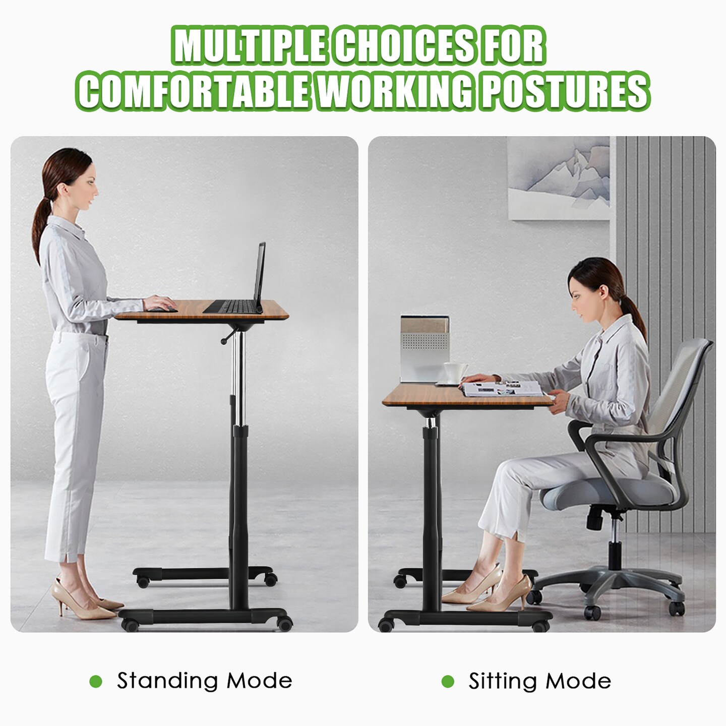 Goplus Height Adjustable Computer Desk Sit Stand Rolling Notebook Table Natural\Brown\Black
