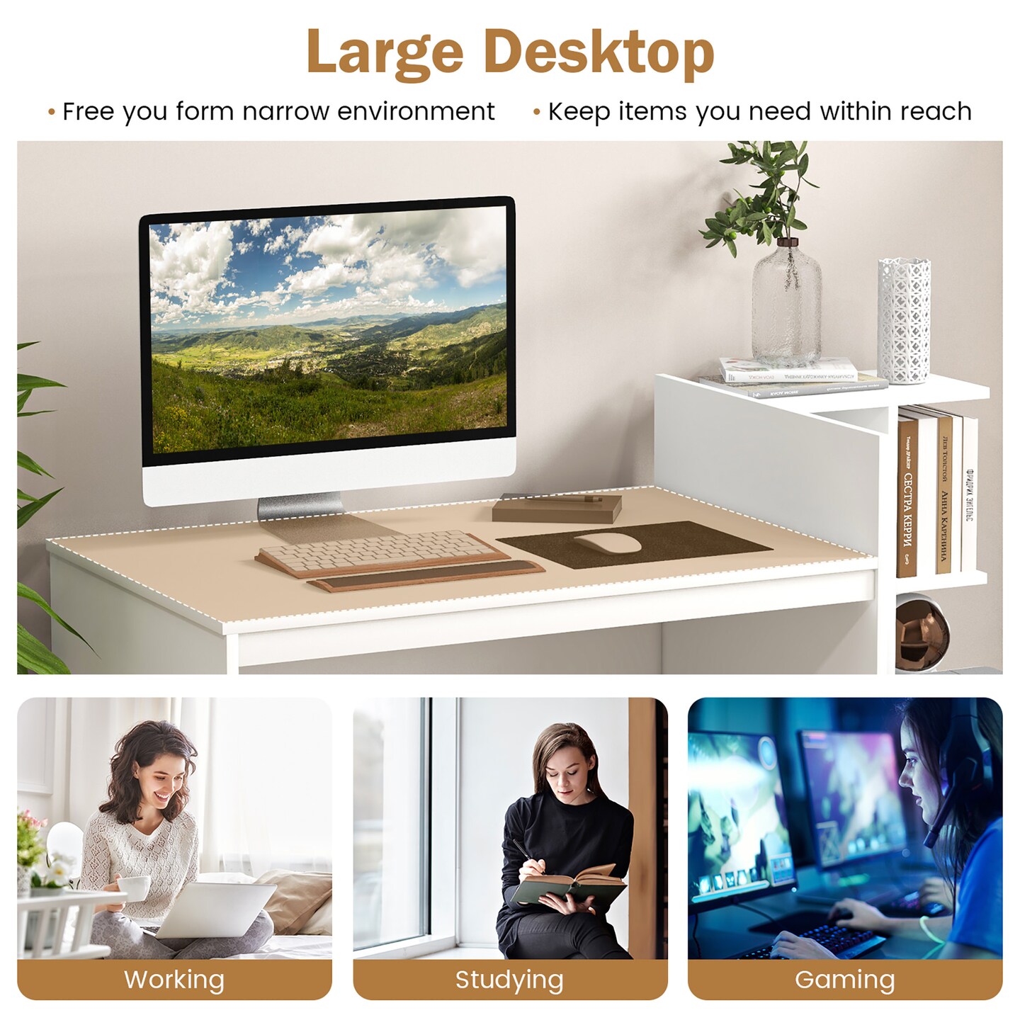 Costway Computer Desk Laptop Table Writing Study Desk Home Office with Bookshelf & Drawers